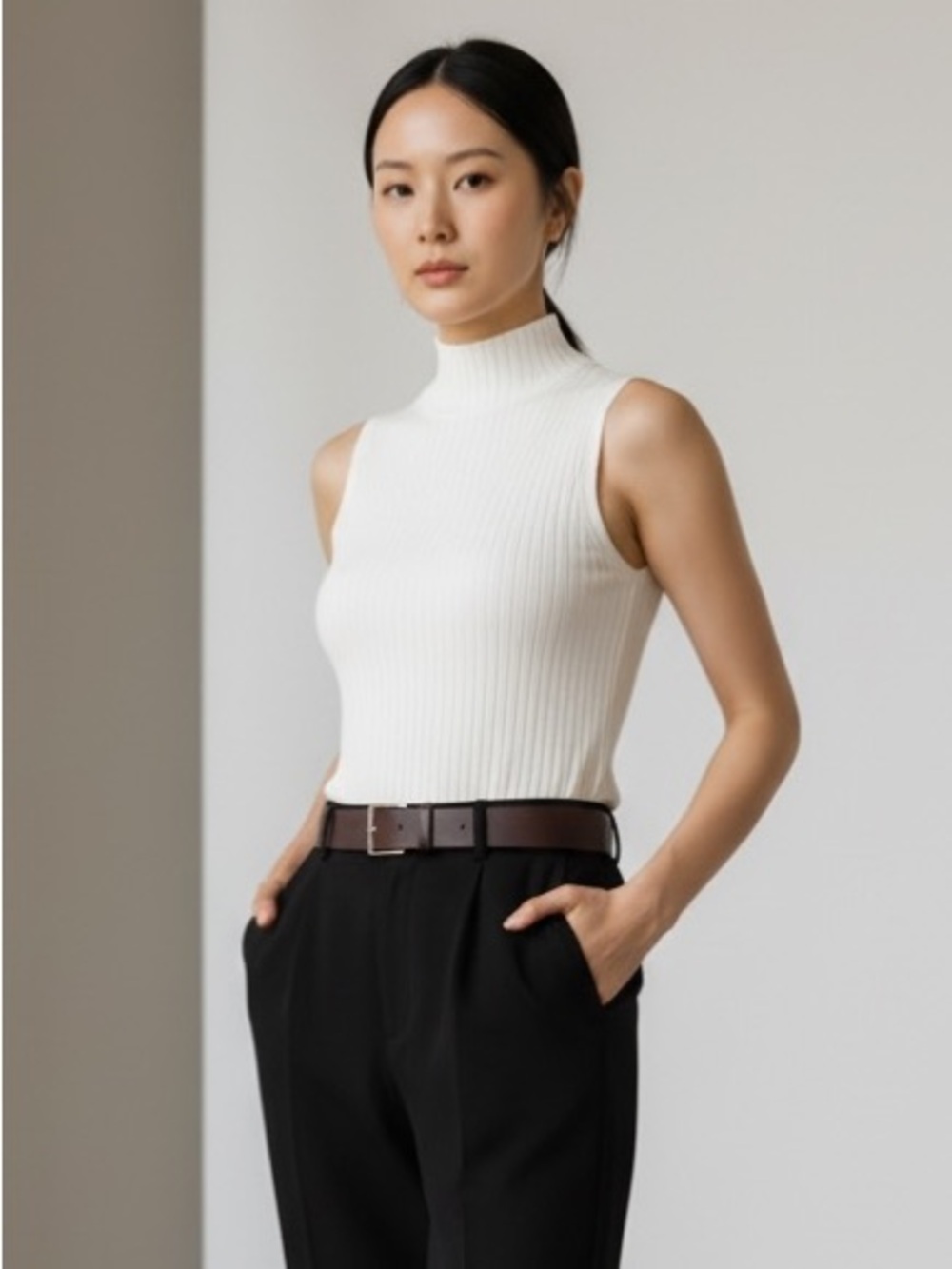 1542 • White Viscose Blend  Rib Knit Sleeveless Mock-neck Top